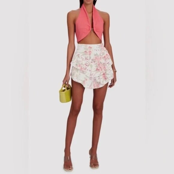 Mother The Ruffle Mini Skirt Aloha Denim Ivory Pink High Waist Size 29 - Picture 1 of 8